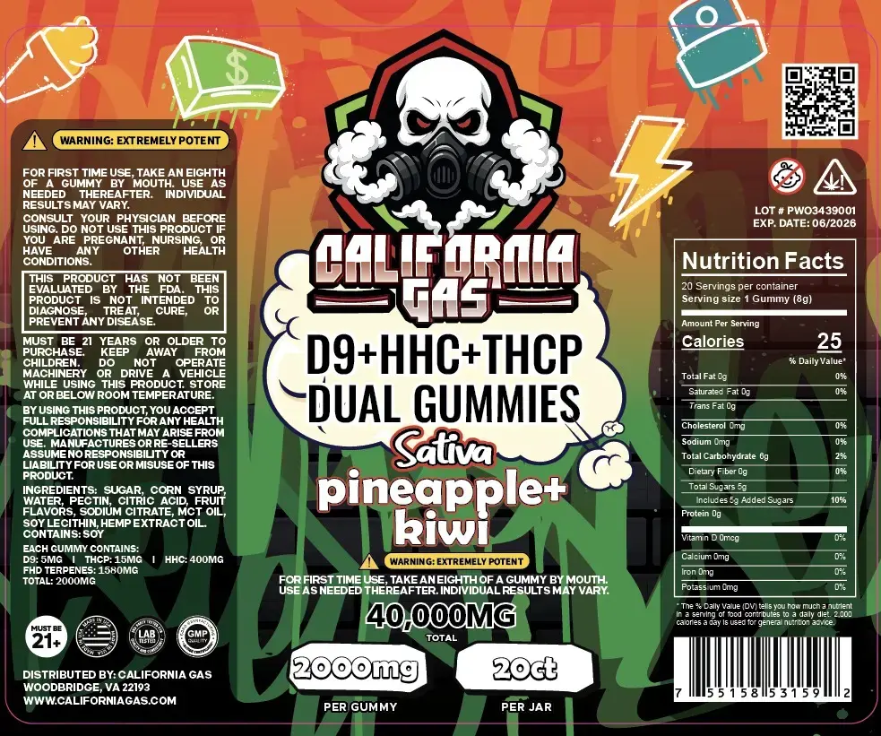 [T-1341-12] CALIFORNIA GAS DUAL GUMMIES D9+HHC+THCP 40,000MG (Raspberry+Watermelon)