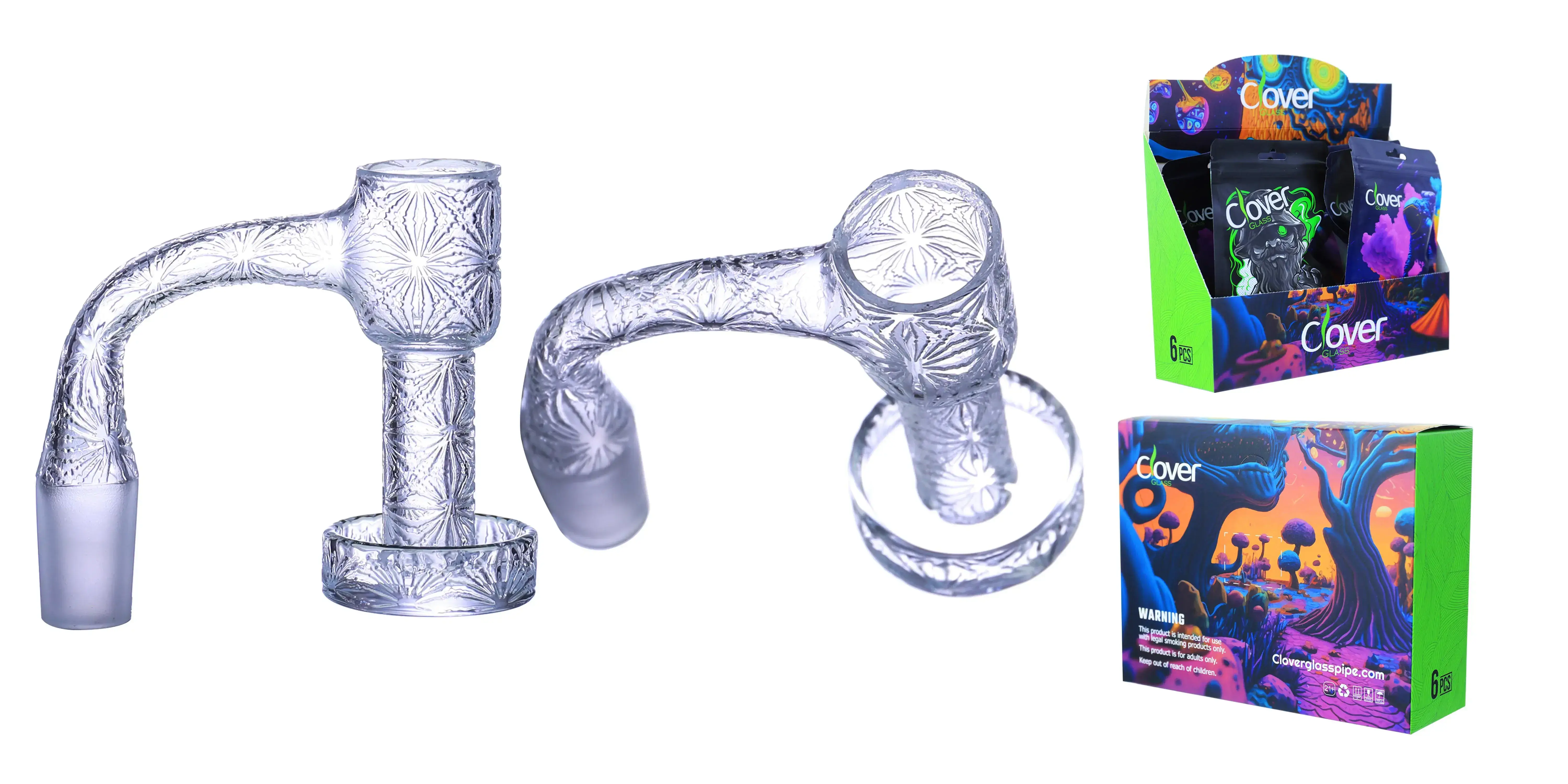 [Q-4842-10] Clover Glass Banger 14MM 6PC a Display (Etched Flower Pattern Flat Bottom)