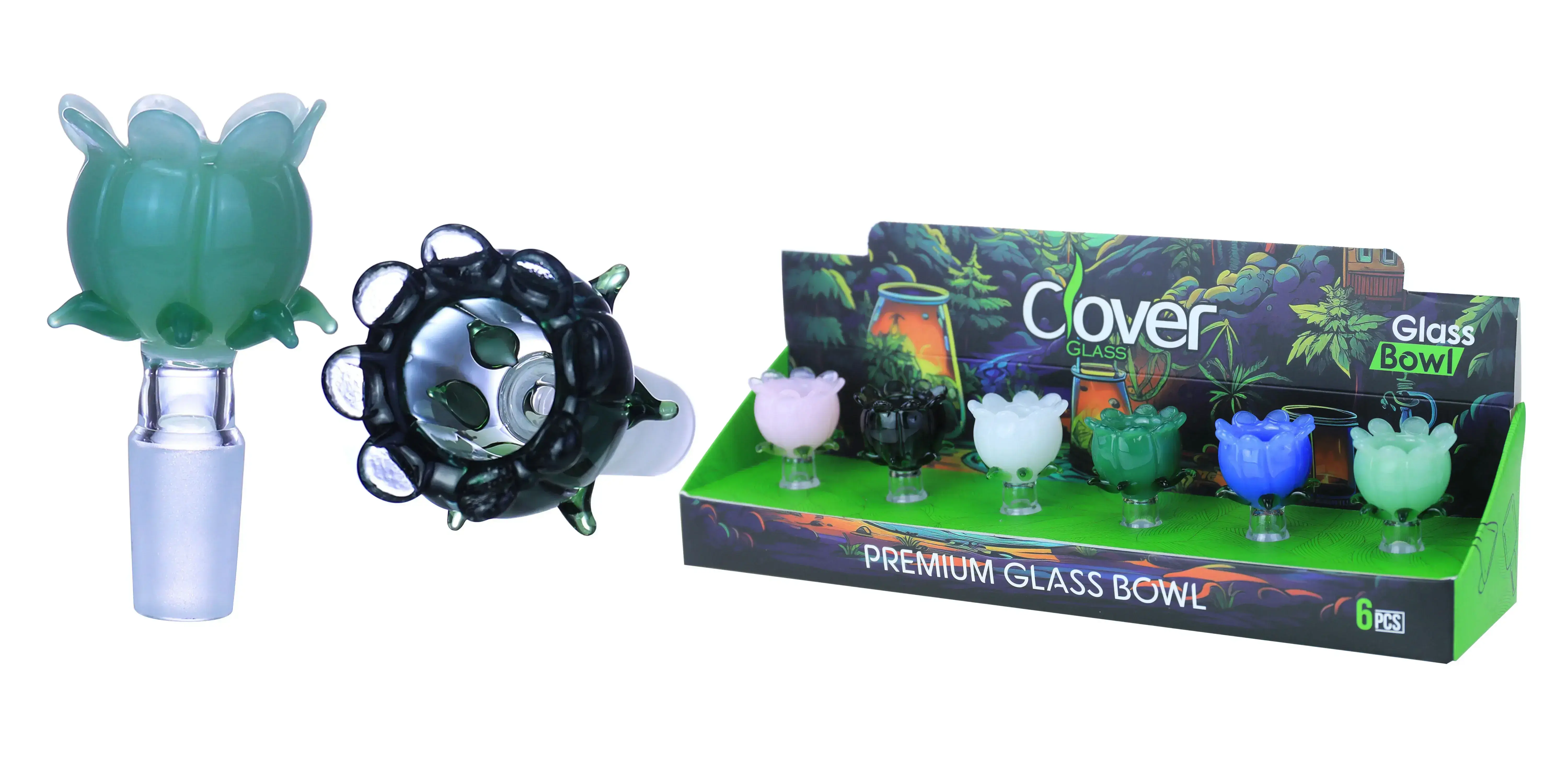 [10102-12] Clover Glass Blow Head 14MM 6Pc a Display Mix Color (Round Tulip With Leaves)