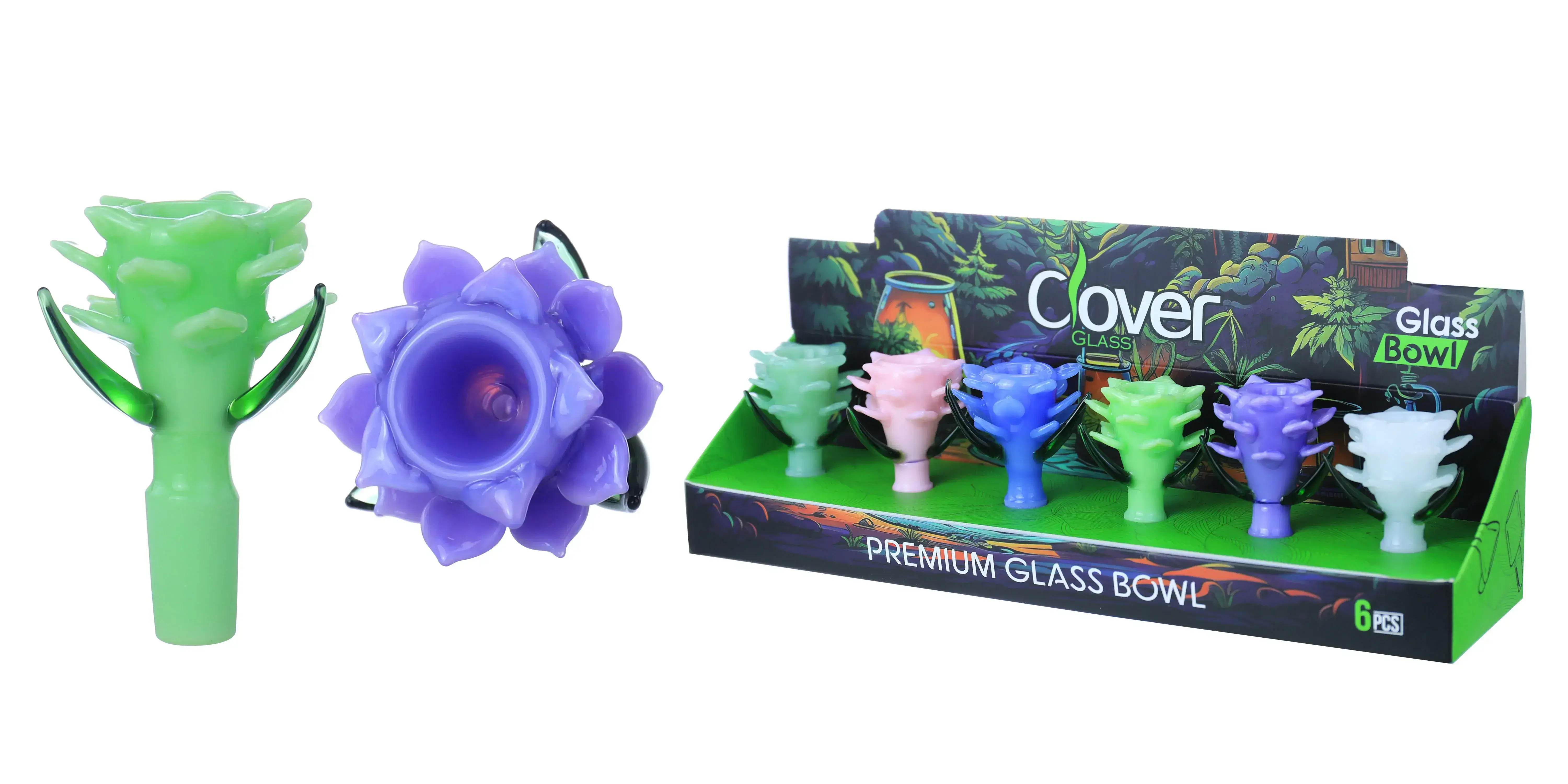 [10102-14] Clover Glass Blow Head 14MM 6Pc a Display Mix Color (Spiked)