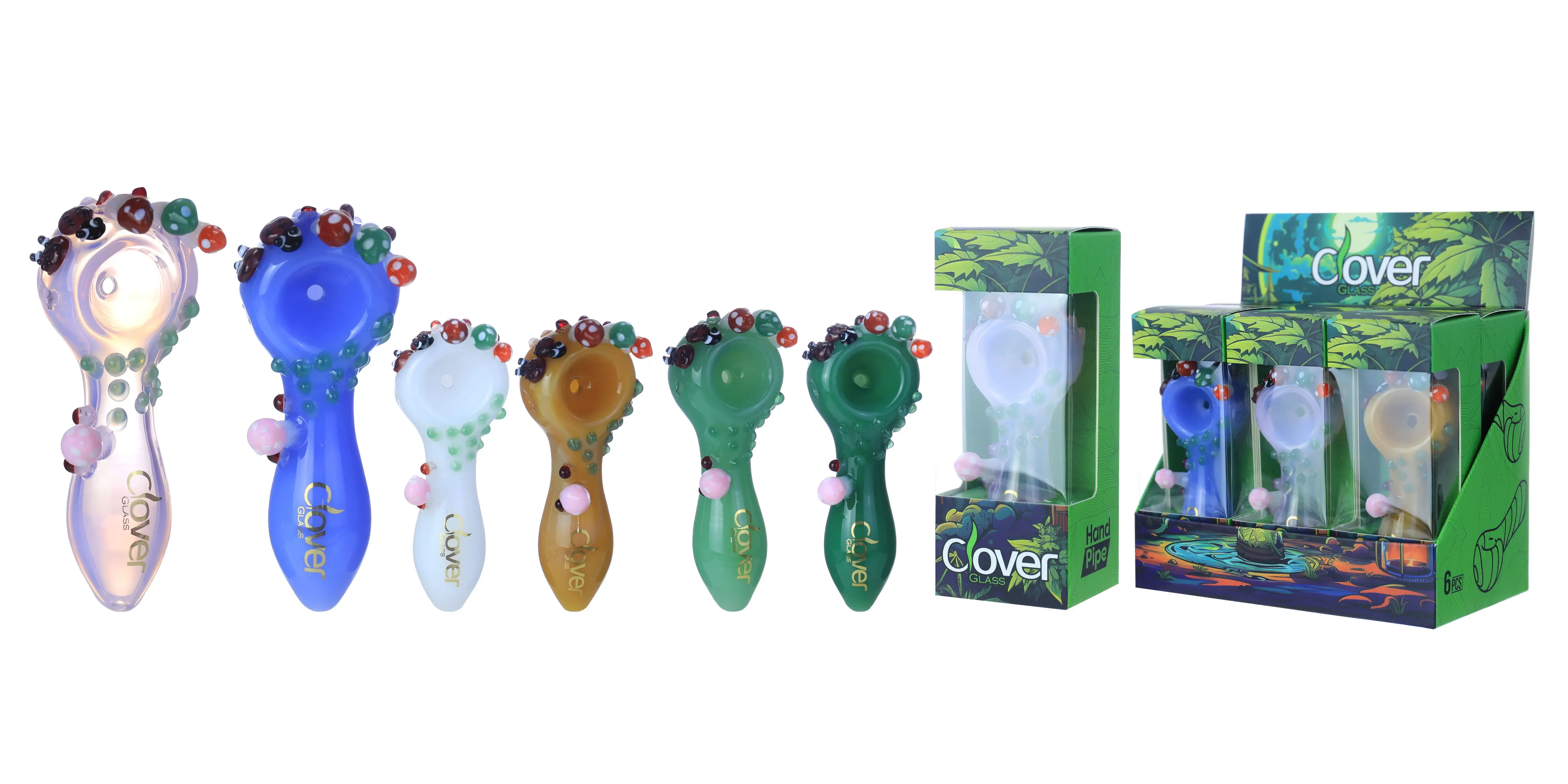 [T-1372-06] Clover Glass Hand Pipe 4 Inch Display 6PK (WPF-660)