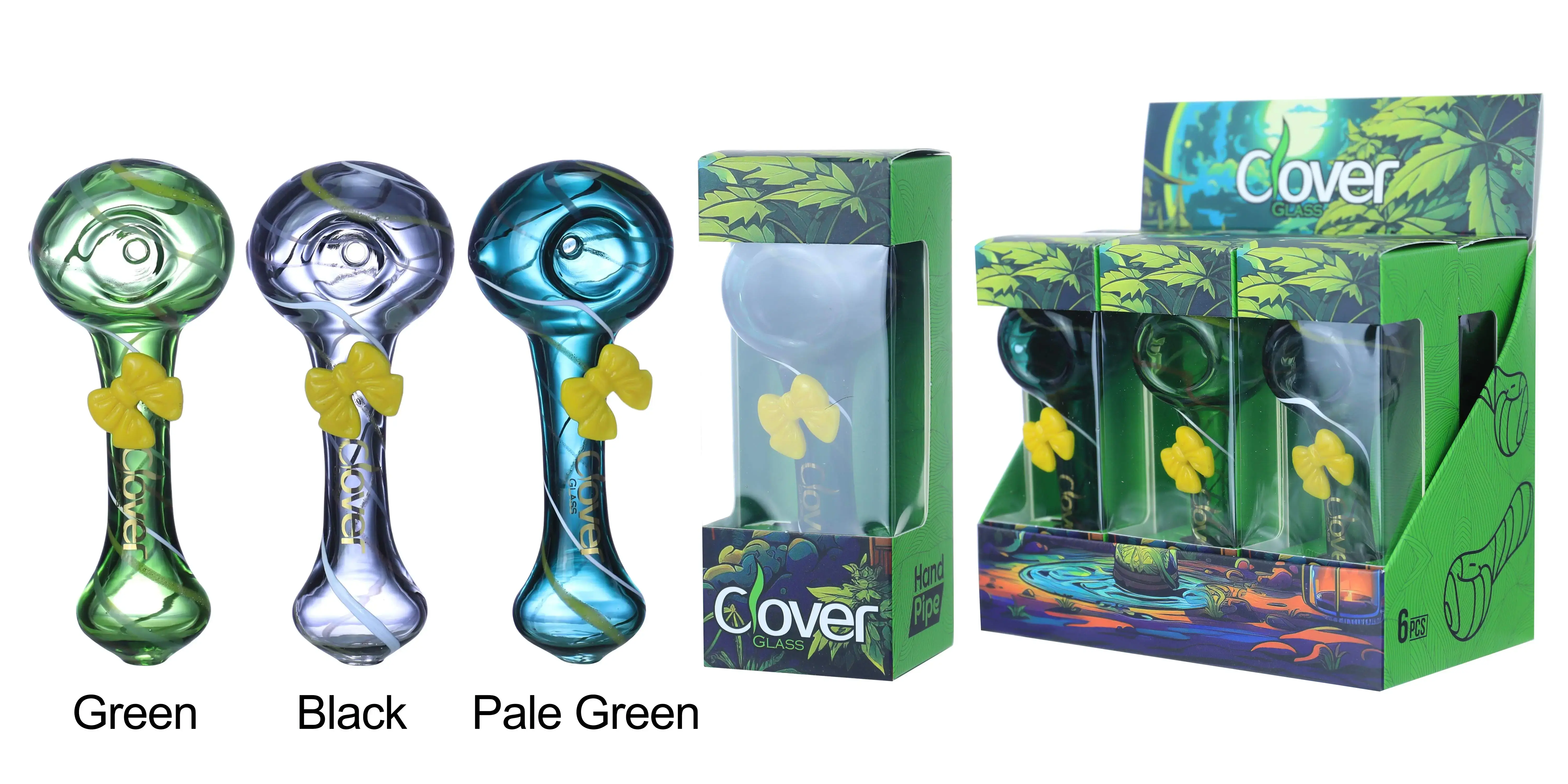 [T-1372-19] Clover Glass Hand Pipe 4 Inch Display 6PK (WPF-625)