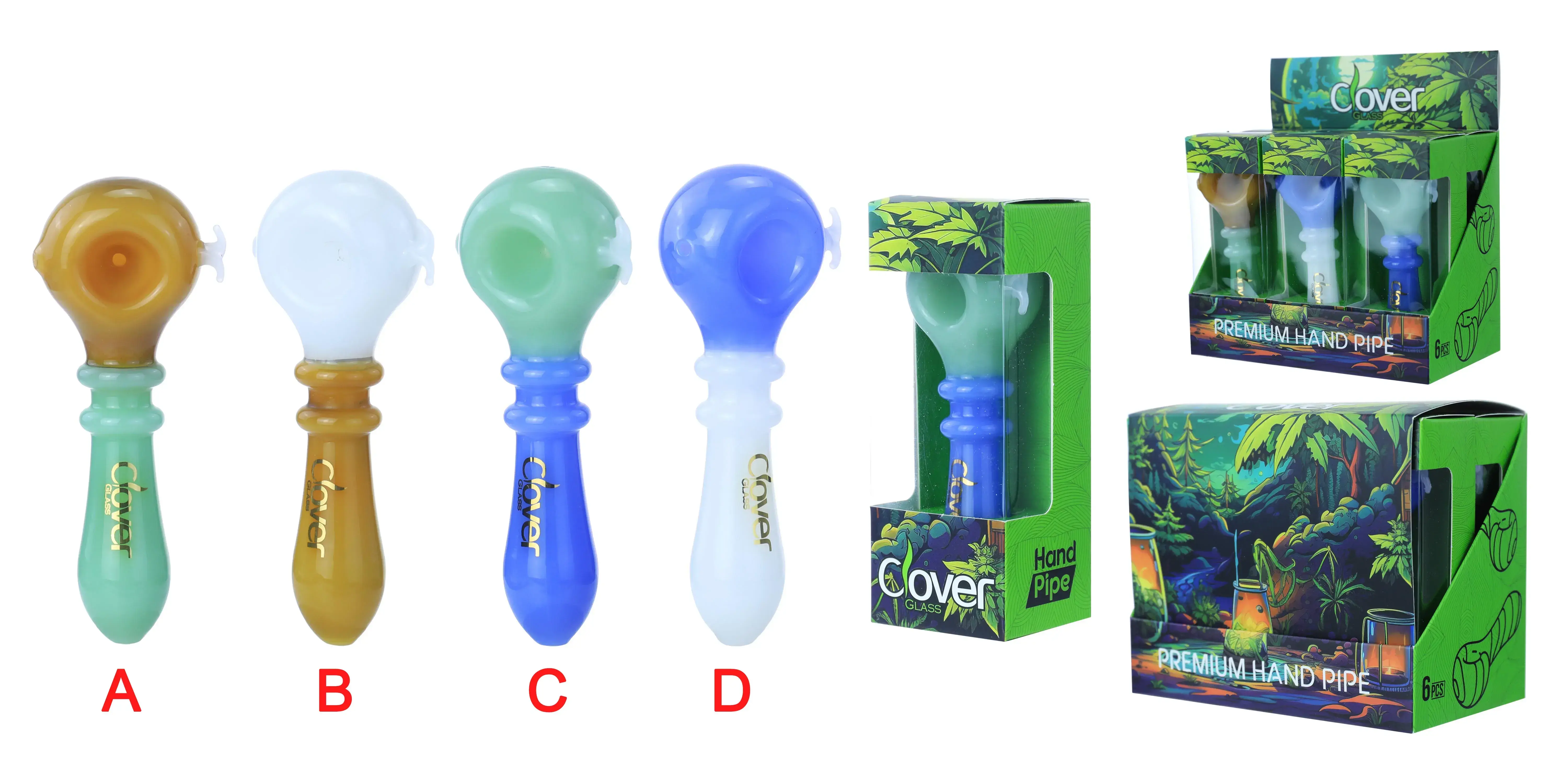 [Q-4847-01] Clover Hand Pipe Glass 6PK a Display Mix Color (Style#646)