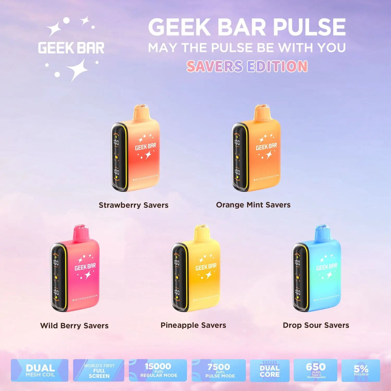 [T-1315-02] GEEK BAR PULSE 15000 PUFF Drop Savers 16ML 5PK (Pineapple)