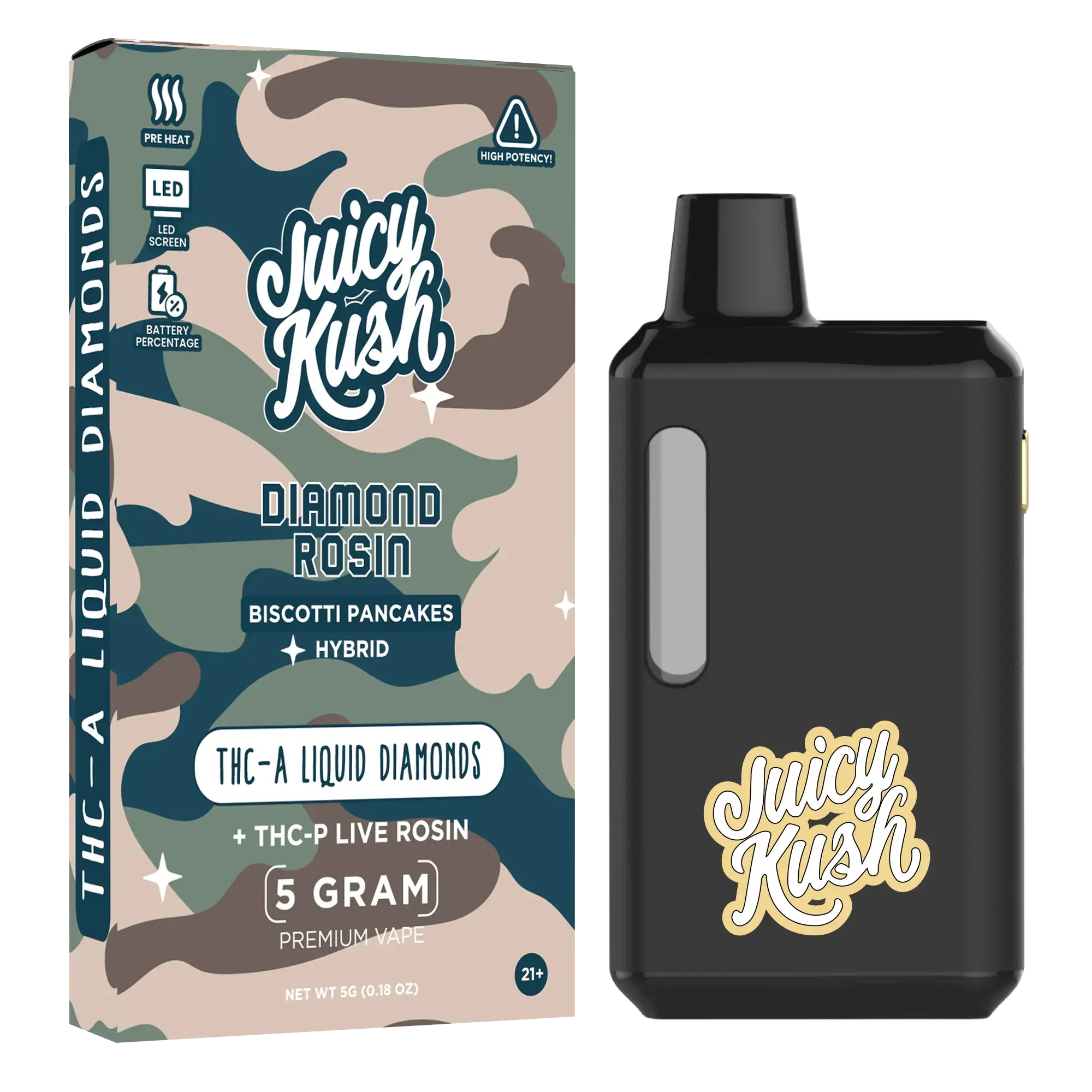 [Q-4259-02] Juicy Kush 5g Disposable THC-A 5PK a Box (Biscotti Pancakes)
