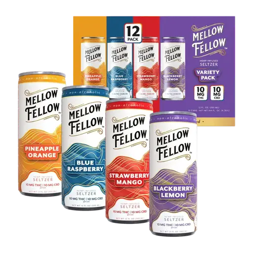 [T-1649-04] MELLOW FELLOW SELTZER BEVERAGES 20mg DELTA9 CBD 12OZ 12PK (Strawberry Mango)