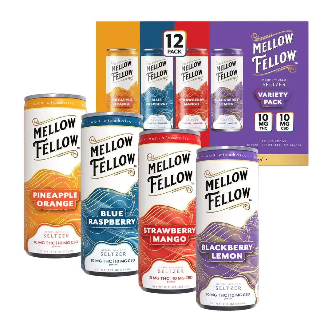 [T-1649-05] MELLOW FELLOW SELTZER BEVERAGES 20mg DELTA9 CBD 12OZ 12PK (Variety Pack 12pk)