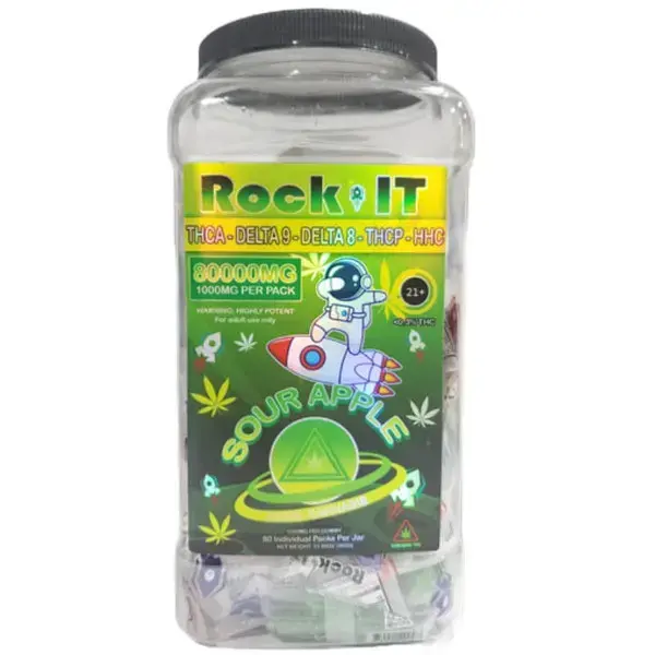 [Q-4791-02] ROCK IT GUMMIES 1200MG PER PC 70CT JAR THC-P/HHC/D8-9 (Sour Apple)
