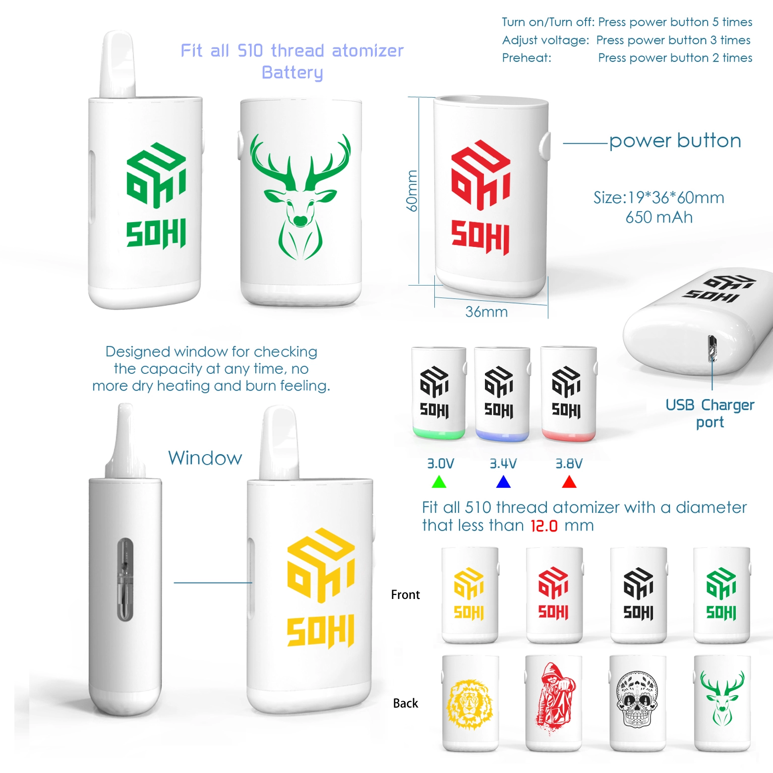 [Q-4312-05] SOHI 510 HIDE ABLE BATTERY 650MAH (SKULL DESIGN)