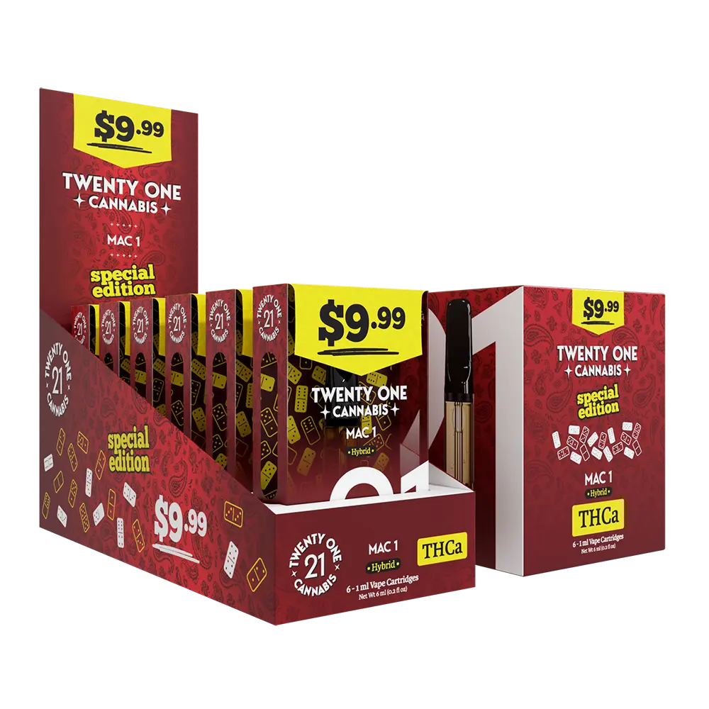 [T-1405-04] Twenty One Vape Cartridge 1ml THC-A Pre-Priced $9.99 6PK (Memory Loss (Sativa))
