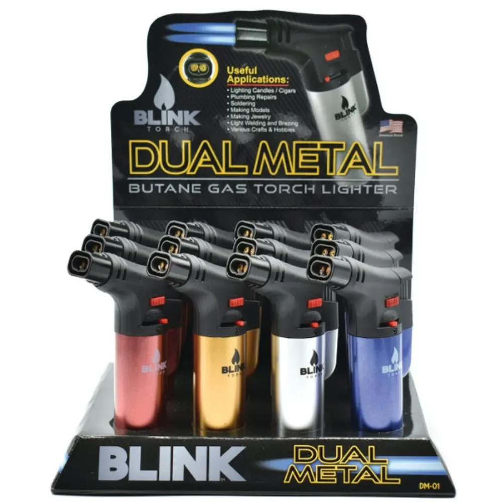 [Q-1451] BLINK LARGE DOUBLE FLAME TORCH LIGHTER METALLIC COLORS 12CT