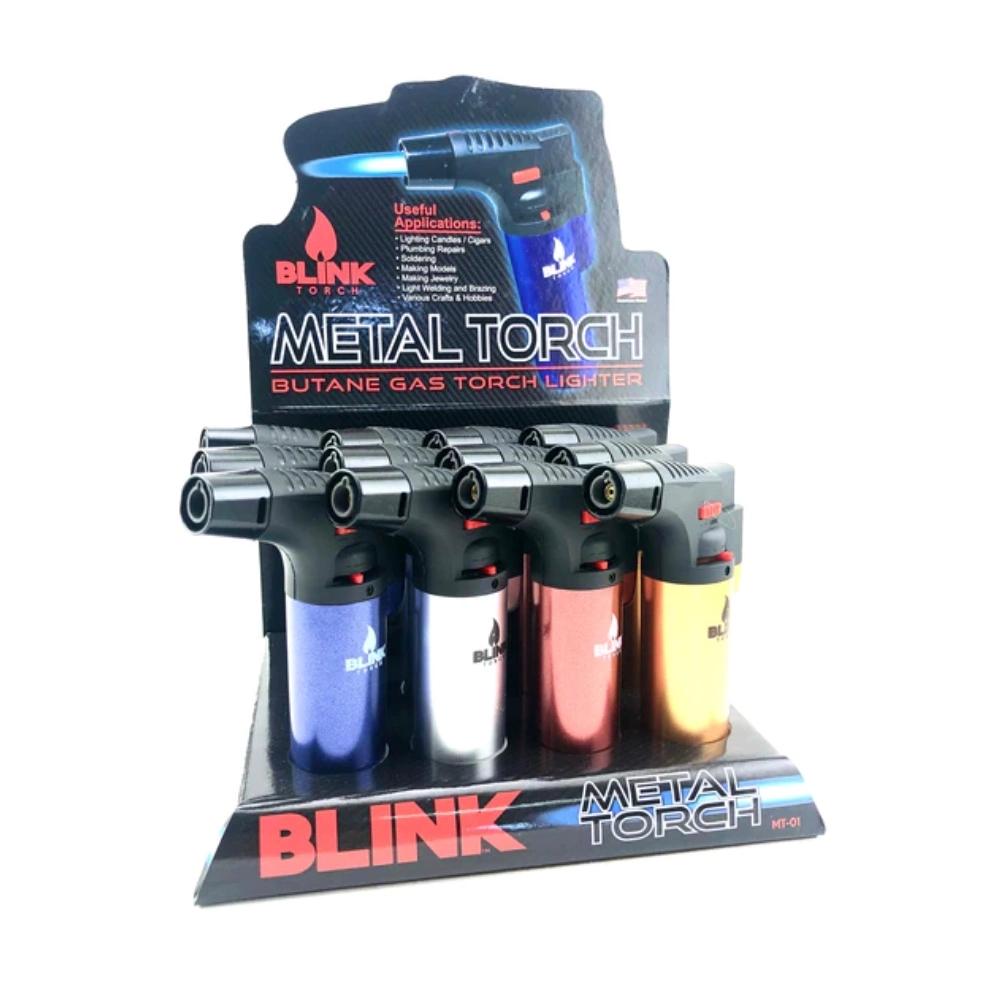 [Q-1452] BLINK LARGE SINGLE FLAME TORCH LIGHTER METALLIC COLORS DISPLAY - 12PK