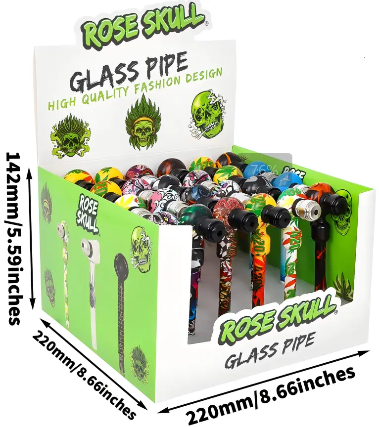 [T-1380] Clover Rose Skull Glass Pipe Cylindrical Shape 24PC A Display