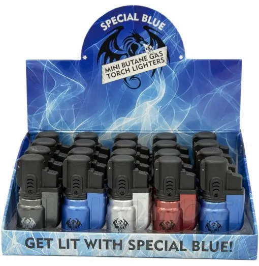 [Q-3607] SPECIAL BLUE BULLET METAL MINI BUTANE GAS TORCH LIGHTERS - ASSORTED COLORS - DISPLAY OF 20